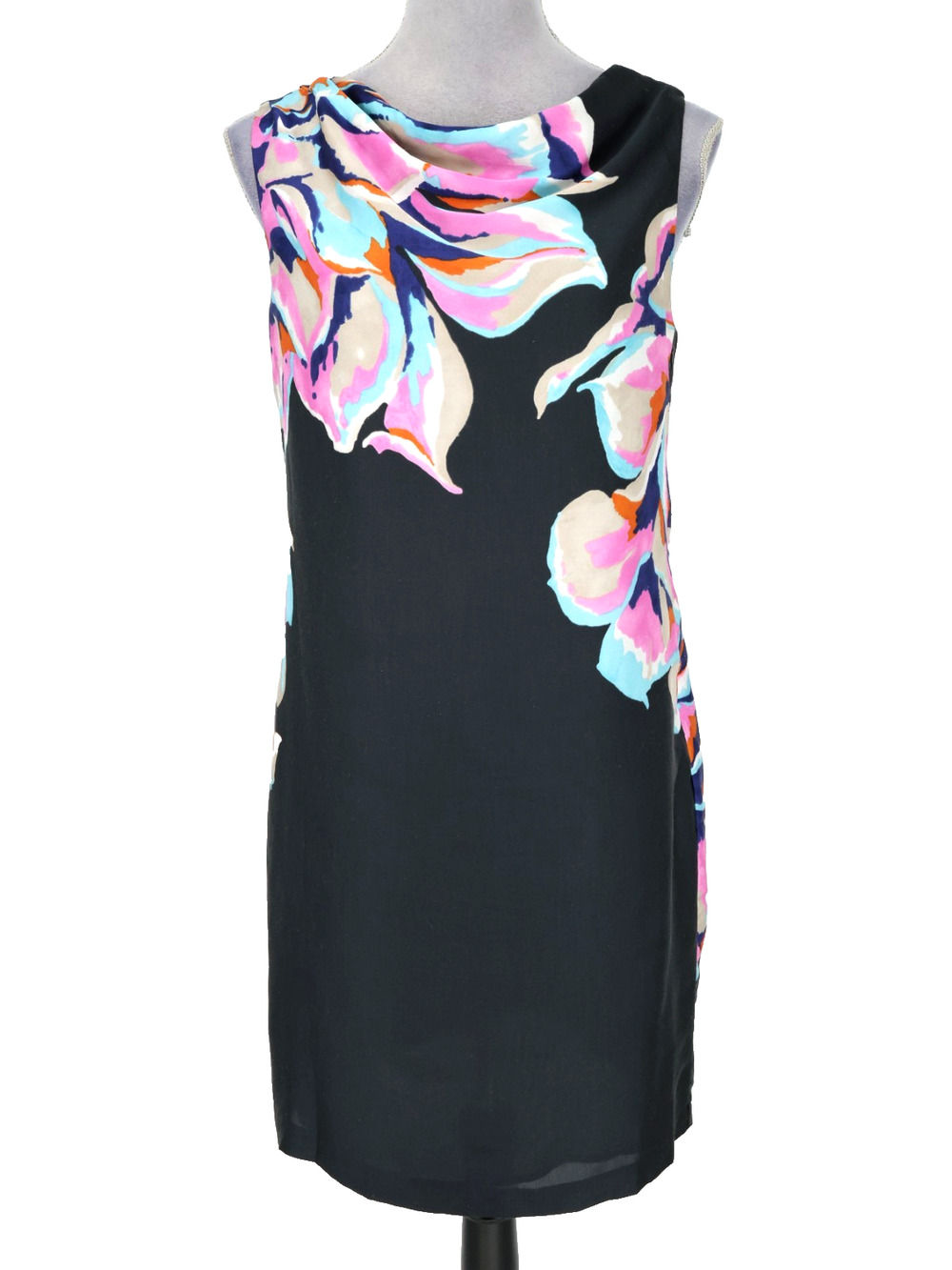 Loft Dress Petites 8P Black Pink Floral Zip Sleeveless Cowl Neck Garden Party